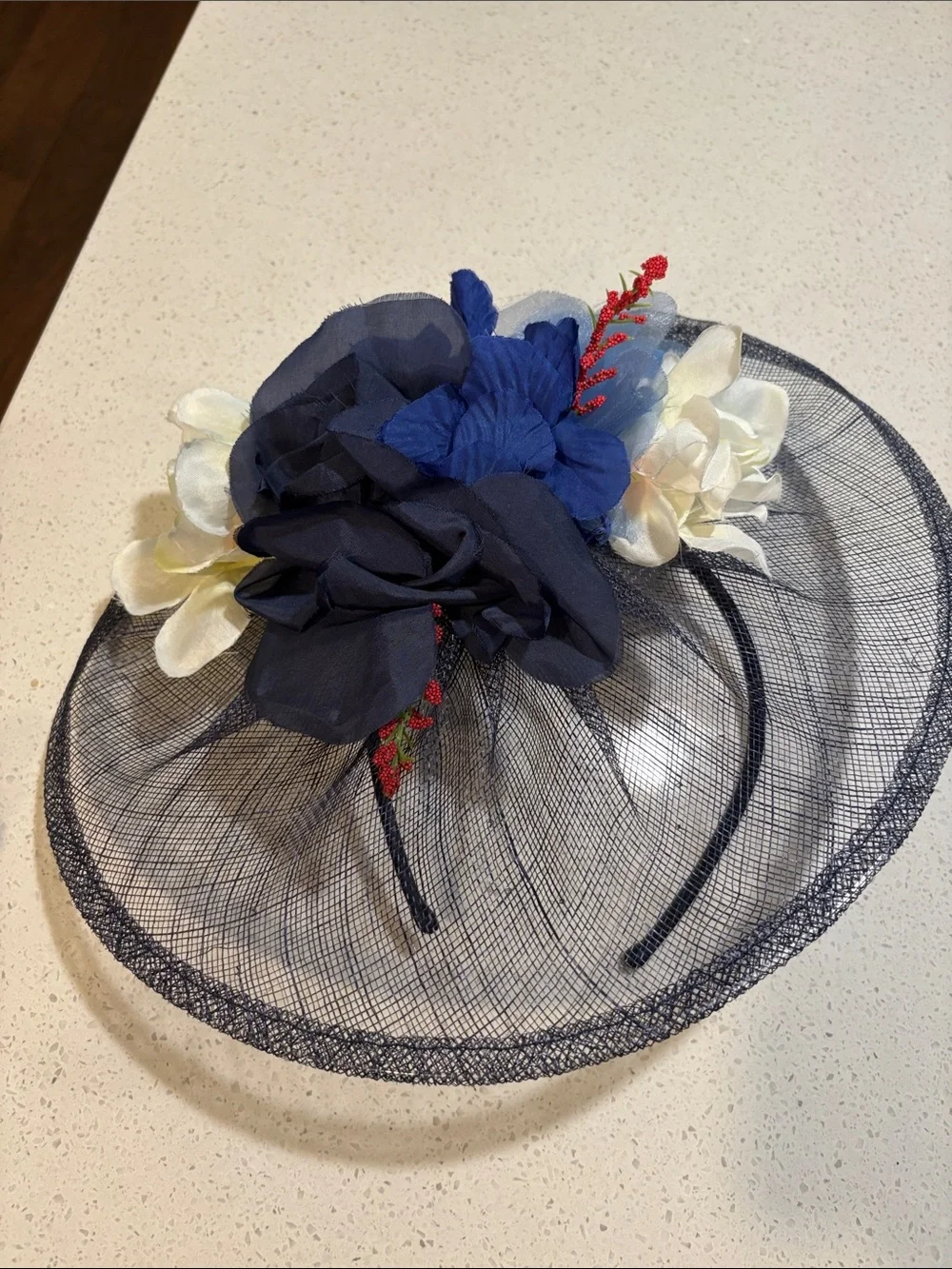 Nordstrom Navy Mesh Headband with Blue and White Floral Accents